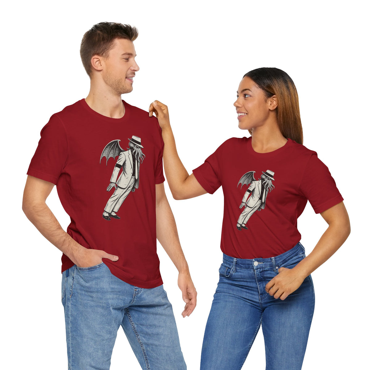 Two red crewneck t-shirts with grey Cthulhu-style front graphic prints