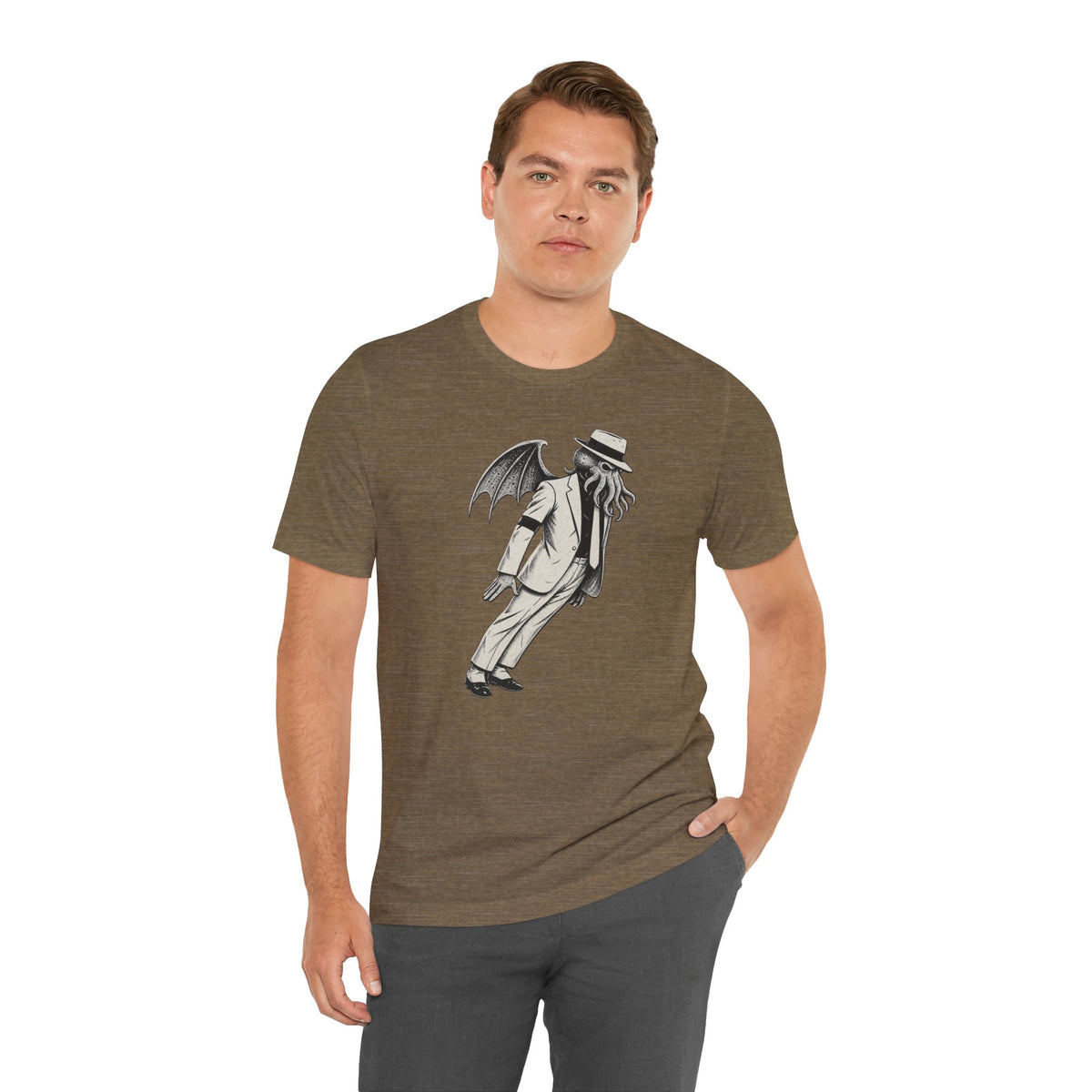 Heather brown crew-neck t-shirt with gray monster graphic print centered on the chest