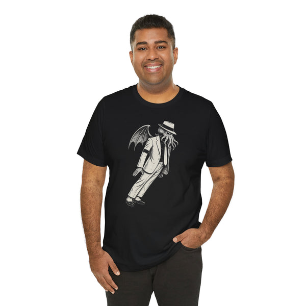 Black crewneck T-shirt featuring a white graphic print of a cloaked figure