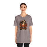 Taupe crew-neck T-shirt with orange pumpkin spice logo and “SPICE CALLS, I ANSWER”.