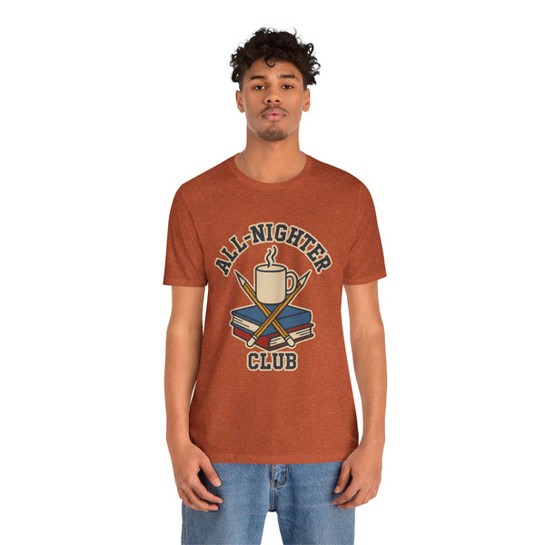 Burnt orange crewneck T-shirt with All-Nighter Club coffee graphic