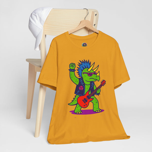 Adult mustard/orange graphic t-shirt with punk triceratops playing red guitar on hanger