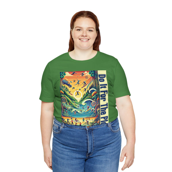 Green graphic T-shirt with colorful panel and vertical typography print at center