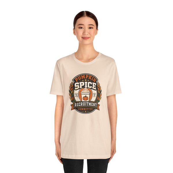 Soft cream crewneck T-shirt with centered Pumpkin Spice Recruitment Committee logo