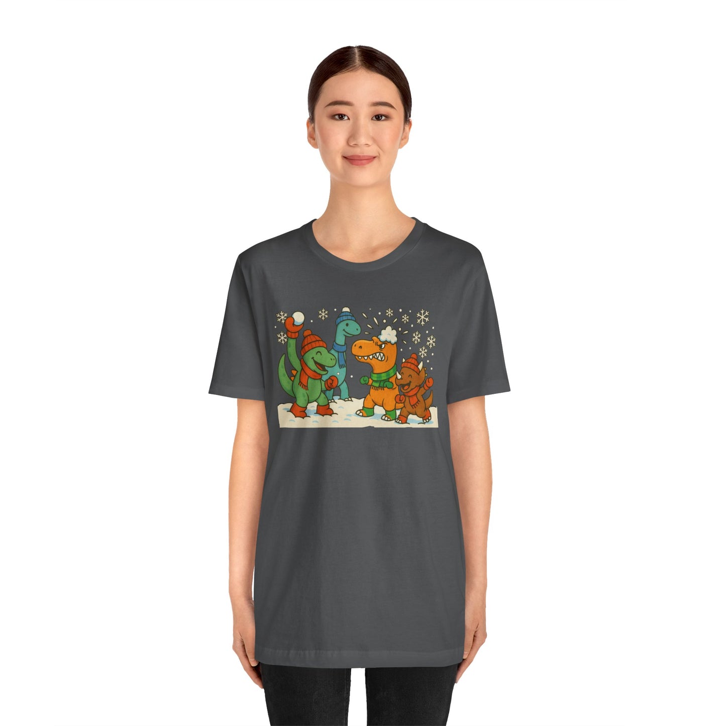 Dinosaur Snowball Fight T-Shirt – Funny Winter Dino Graphic Tee