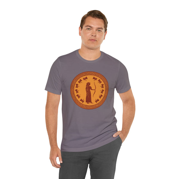 Gray-purple short-sleeve t-shirt featuring circular orange Greek goddess graphic