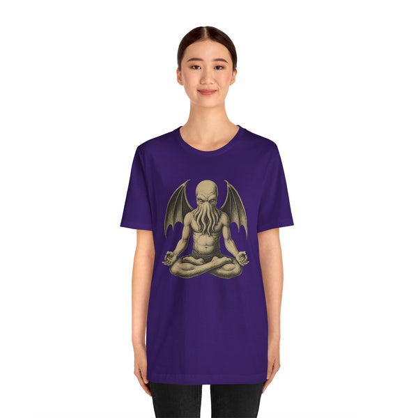Team purple unisex crewneck T-shirt with meditating Cthulhu graphic on the chest