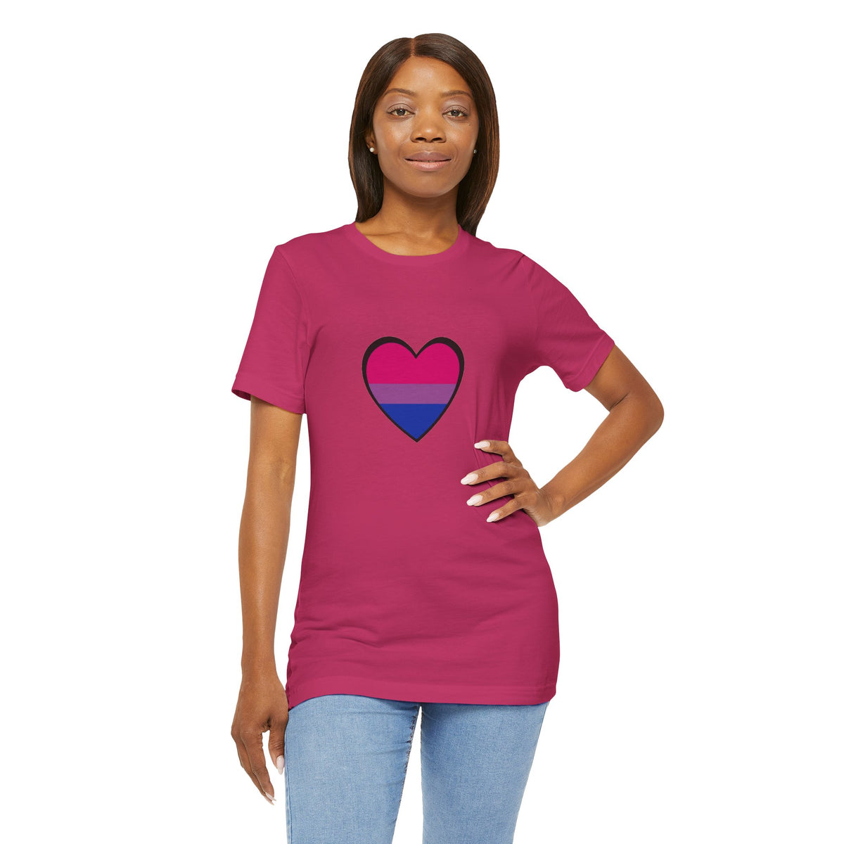 Berry purple T-shirt with outlined heart Pride flag graphic on the chest