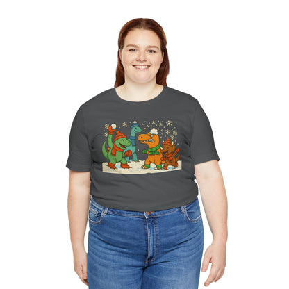 Dinosaur Snowball Fight T-Shirt – Funny Winter Dino Graphic Tee