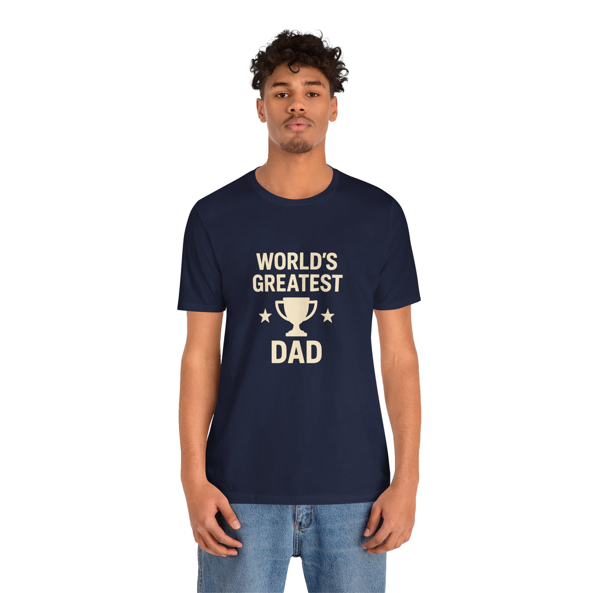 Navy short-sleeve T-shirt with “WORLD’S GREATEST DAD” trophy graphic on chest