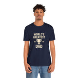Navy short-sleeve T-shirt with “WORLD’S GREATEST DAD” trophy graphic on chest