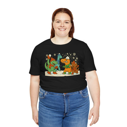 Dinosaur Snowball Fight T-Shirt – Funny Winter Dino Graphic Tee