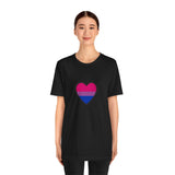 Black crew-neck T-shirt with bi pride heart graphic, worn by model