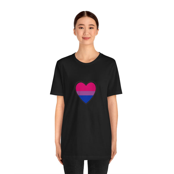 Black crew-neck T-shirt with bi pride heart graphic, worn by model