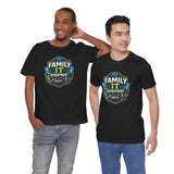 Black crew-neck T-shirt with Family IT Department front graphic, two models