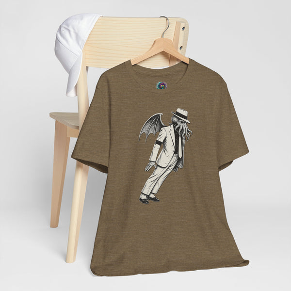 Heather brown crew-neck t-shirt with gray monster graphic print and small rainbow detail