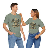Two unisex graphic t-shirts in sage green with meditating Cthulhu-style chest prints
