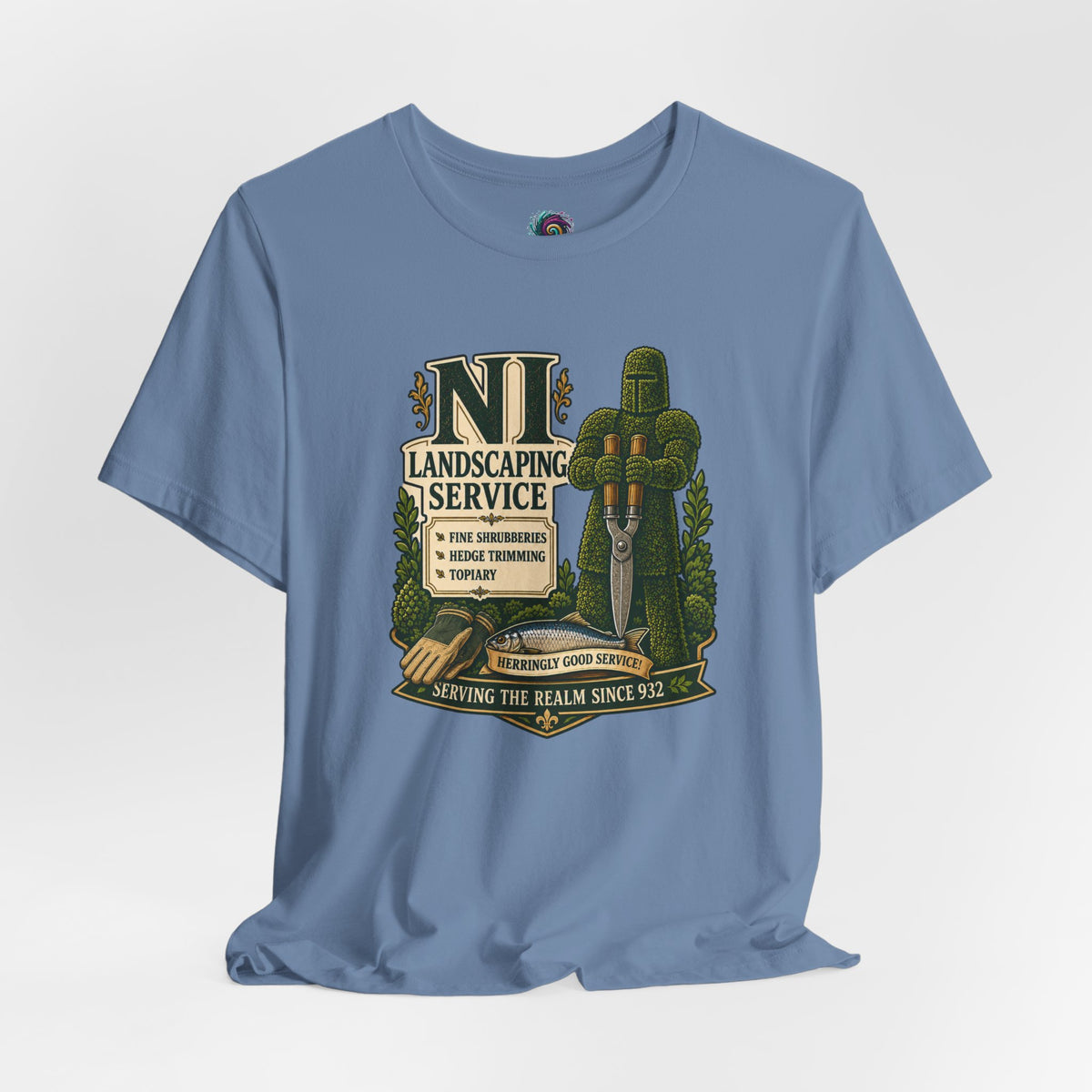 Light blue crewneck T-shirt, flat lay, with “NI Landscaping Service” graphic on front.
