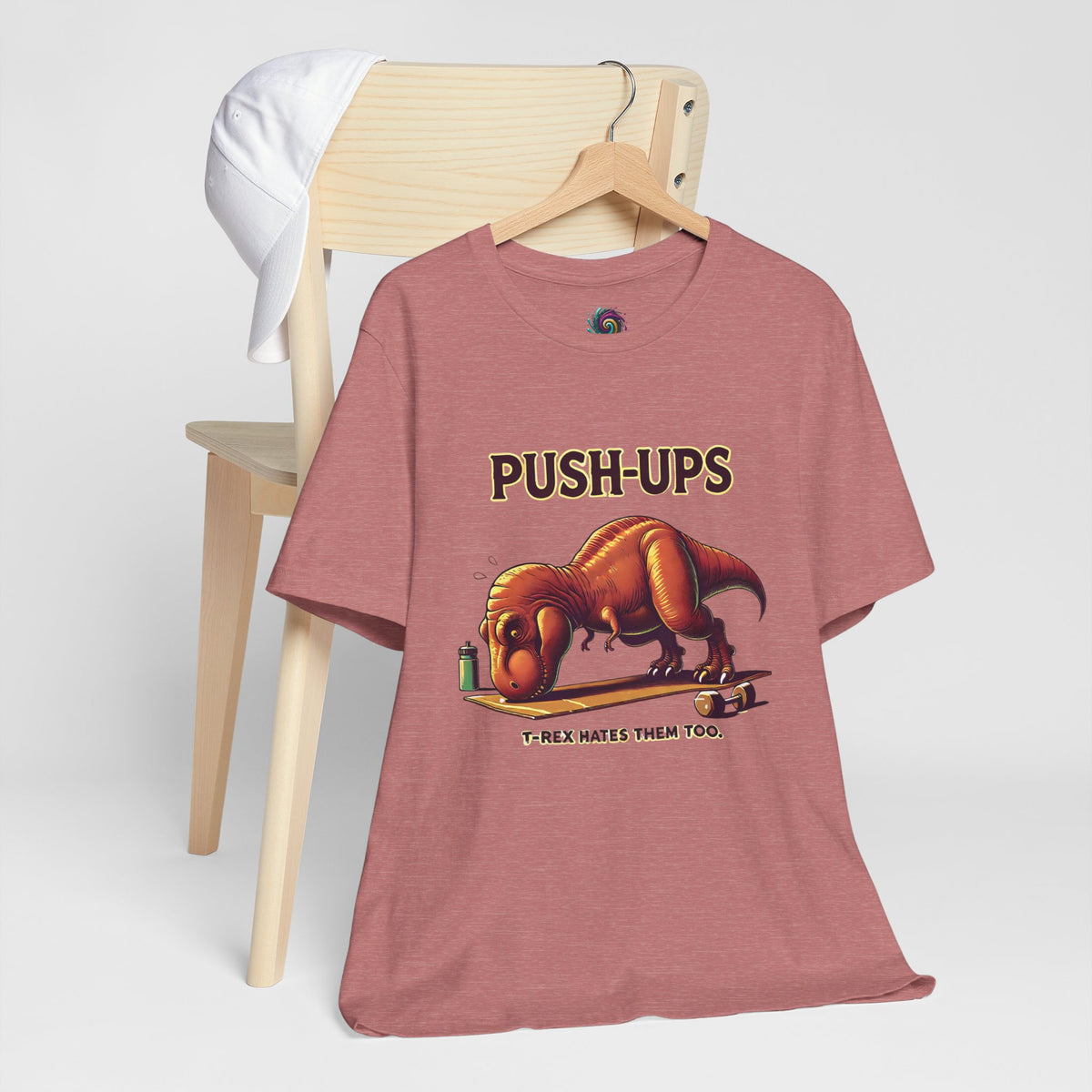 Rose crewneck tee with dinosaur push-ups graphic printed on the front