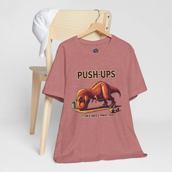 Rose crewneck tee with dinosaur push-ups graphic printed on the front