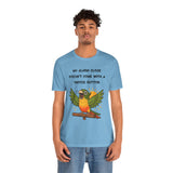Light blue parrot graphic alarm clock T-shirt on male model, 'Snooze button' text