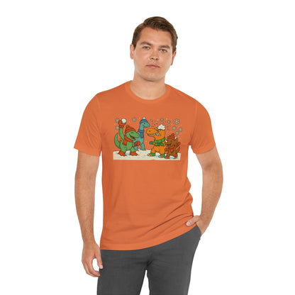 Dinosaur Snowball Fight T-Shirt – Funny Winter Dino Graphic Tee