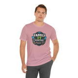 Mauve crewneck t-shirt with “Family IT Department” emblem, side-leaning model