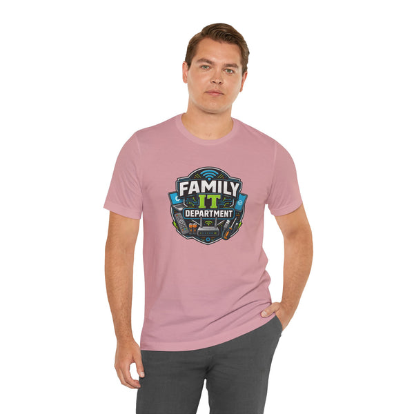 Mauve crewneck t-shirt with “Family IT Department” emblem, side-leaning model
