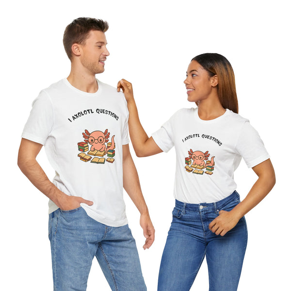 Pair of white crewneck t-shirts with axolotl reading graphics