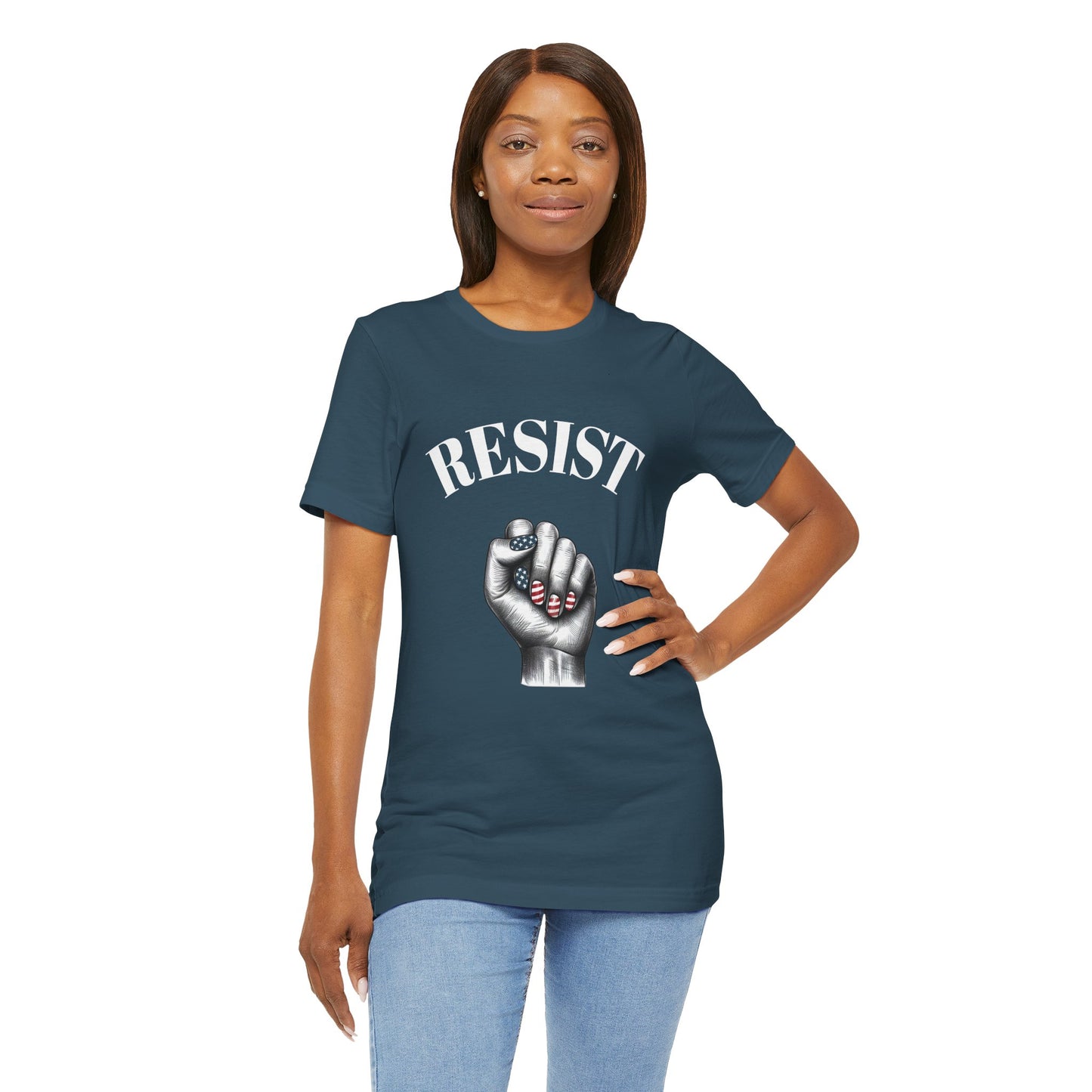 Resist Feminist Power Fist Tee – USA Flag Nails Protest Shirt