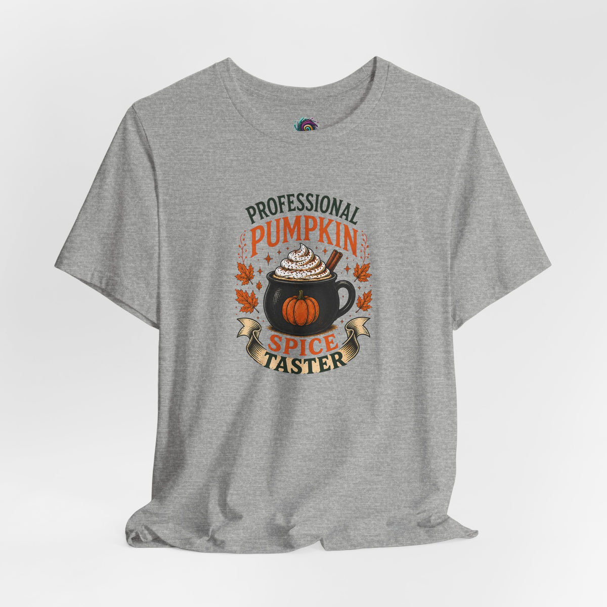 Heather gray crew-neck T-shirt with pumpkin spice taster graphic on the chest