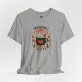 Heather gray crew-neck T-shirt with pumpkin spice taster graphic on the chest
