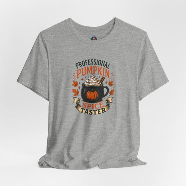 Heather gray crew-neck T-shirt with pumpkin spice taster graphic on the chest