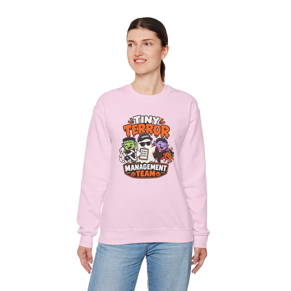 Tiny Terror Management Team Sweatshirt – Funny Halloween Parent Crewneck