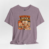 Mauve heather short-sleeve crewneck T-shirt with pumpkin spice everything front print.
