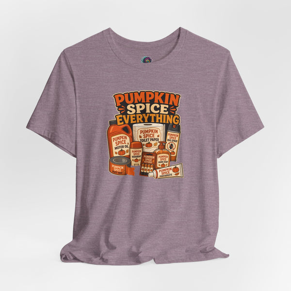 Mauve heather short-sleeve crewneck T-shirt with pumpkin spice everything front print.