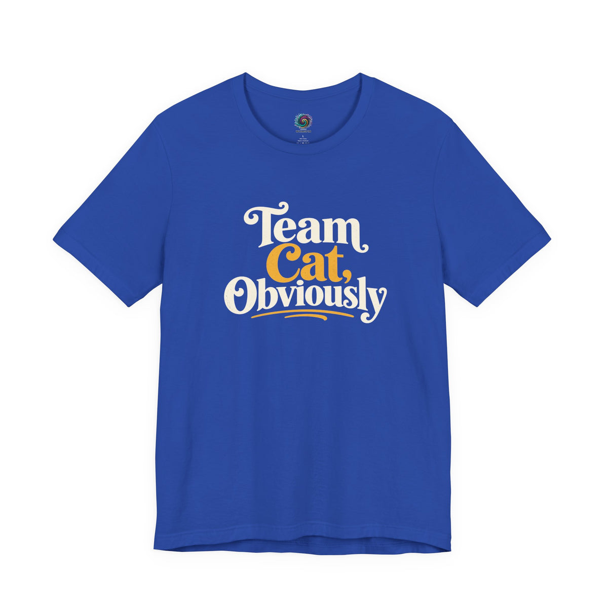 Blue T-shirt with 'Team Cat, Obviously' graphic, short sleeves, crew neck