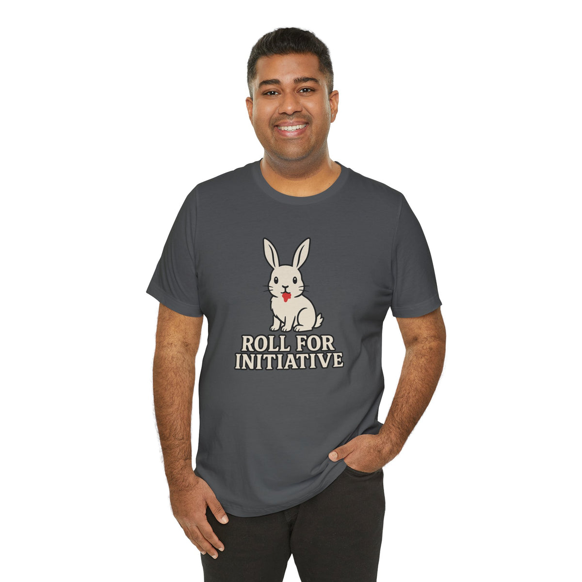 Dark gray t-shirt on model with rabbit graphic and "ROLL FOR INITIATIVE"