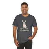Dark gray t-shirt on model with rabbit graphic and 
