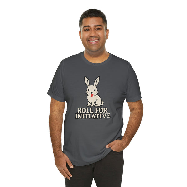 Dark gray t-shirt on model with rabbit graphic and "ROLL FOR INITIATIVE"