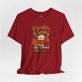 Red crew-neck T-shirt with Pumpkin Spice graphic on front