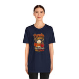 Navy crewneck T-shirt with pumpkin spice coffee graphic on the front, full view