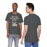 Dark gray crew-neck T-shirt front and back view, with “THIS IS MY SNOW-BLOWING SHIRT” print