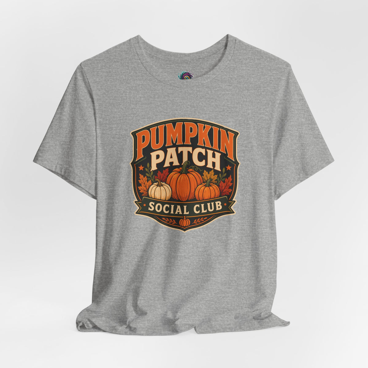 Heather gray T-shirt with Pumpkin Patch Social Club graphic patch