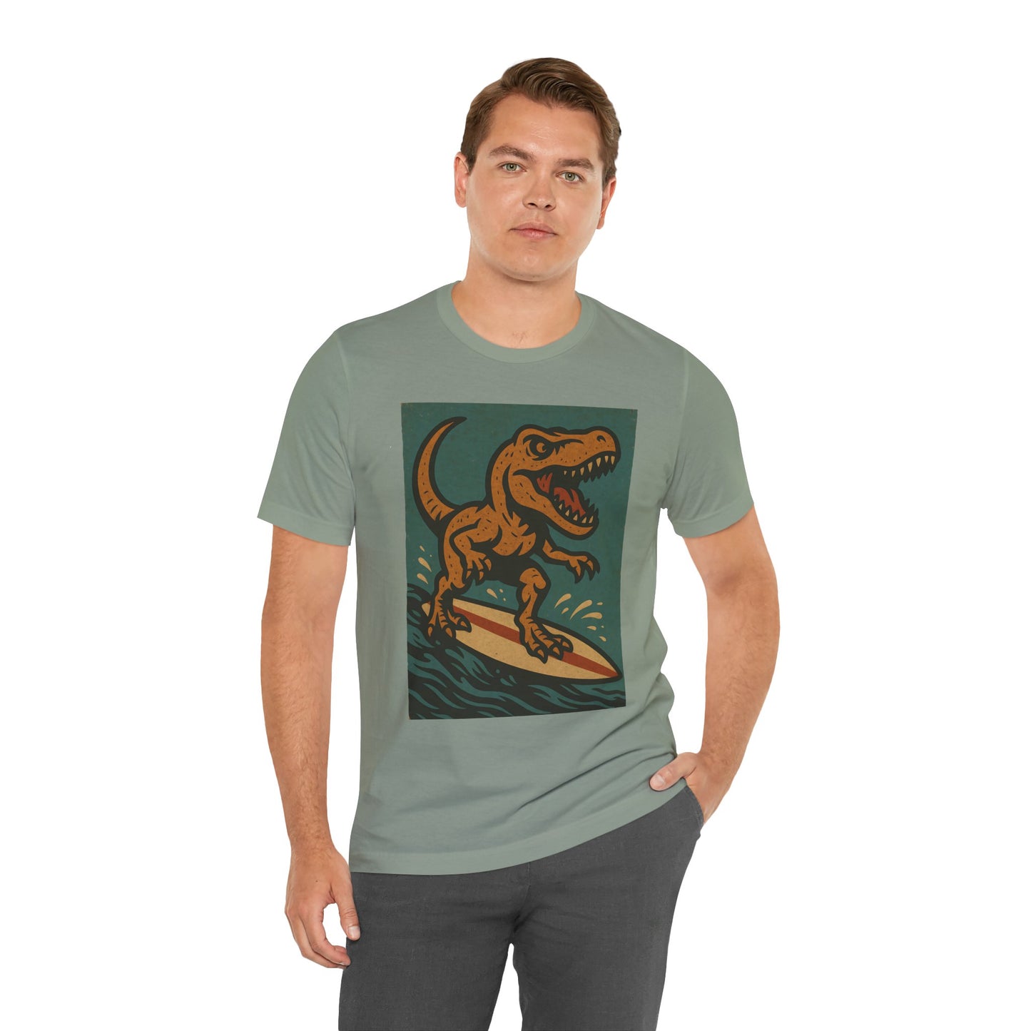 Surfing T-Rex T-Shirt – Funny Dinosaur Graphic Tee for Summer Vibes - WhimSpin - https://whimspin.com