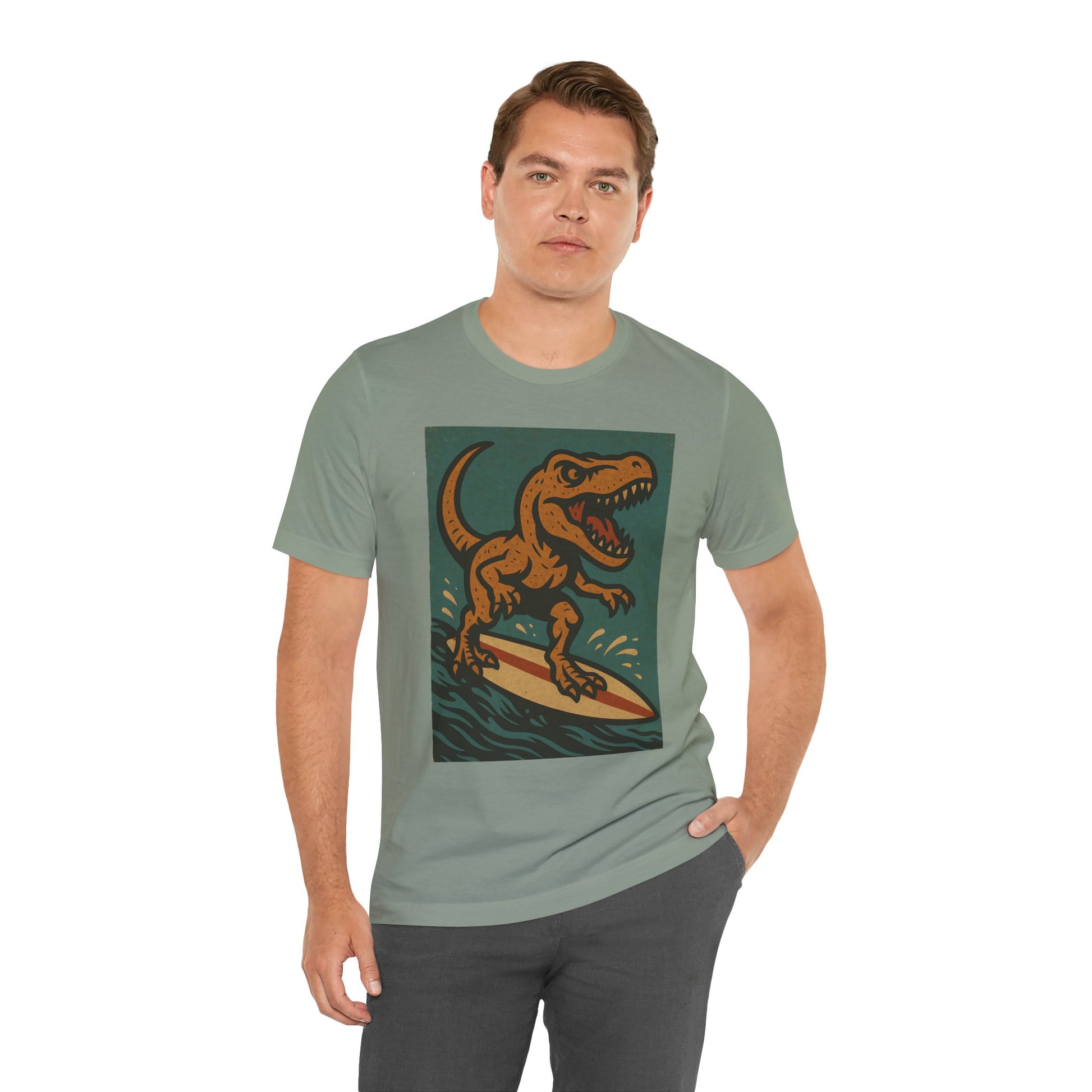 Surfing T-Rex T-Shirt – Funny Dinosaur Graphic Tee for Summer Vibes - WhimSpin - https://whimspin.com