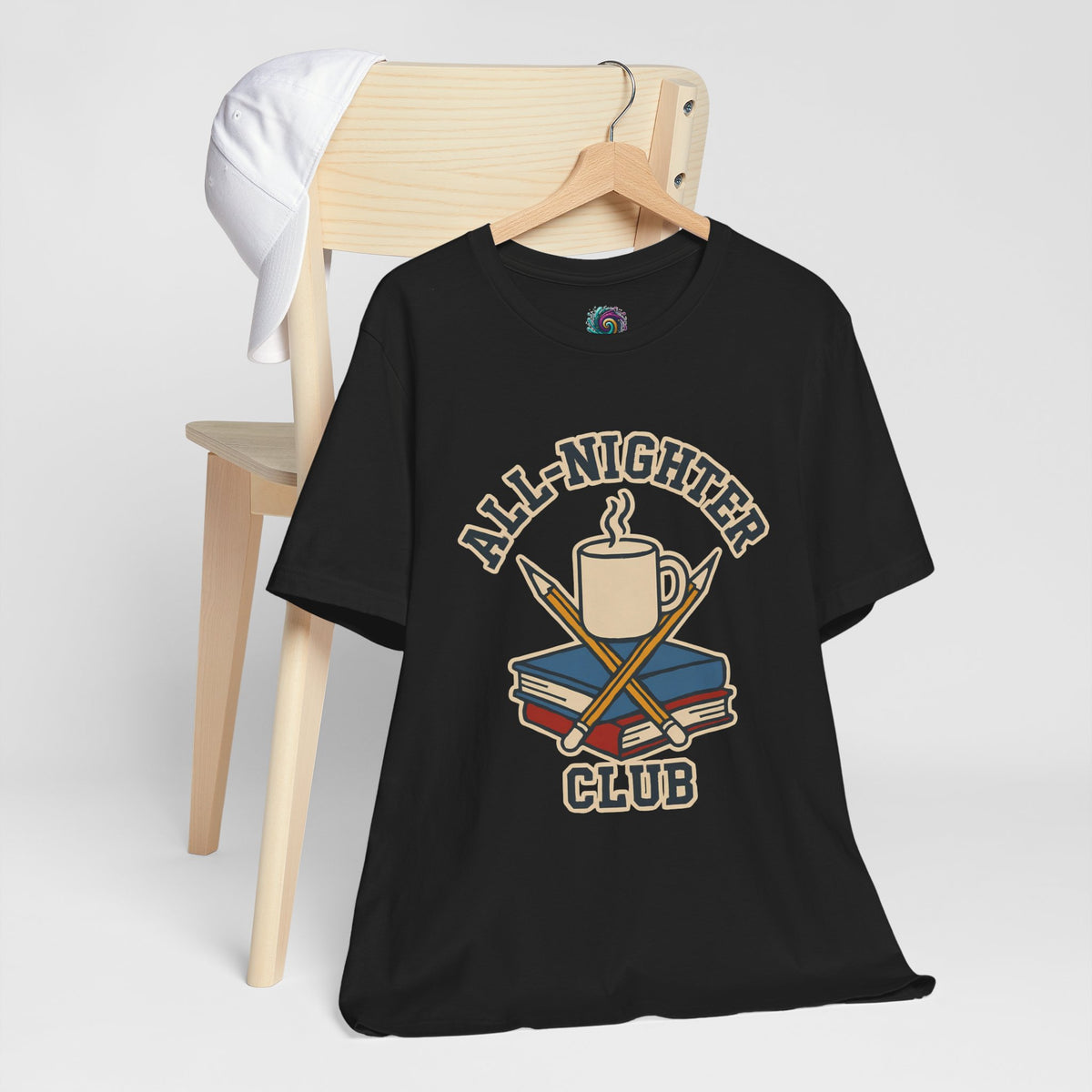 Black crew-neck T-shirt with 'All-Nighter Club' coffee and crossed books graphic