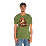 Olive green t-shirt with front fall food graphic, worn by male model.