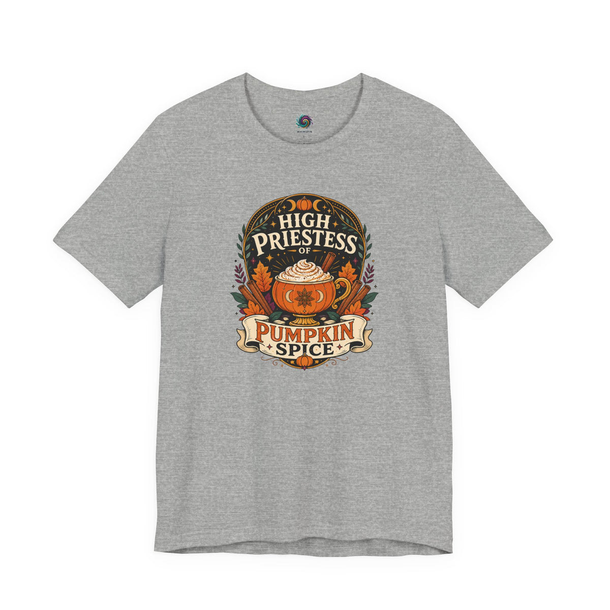 Heather gray T-shirt with “High Priestess” pumpkin spice crest graphic on the front