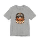 Heather gray T-shirt with “High Priestess” pumpkin spice crest graphic on the front